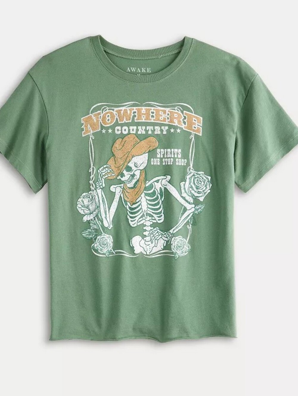 Awake Juniors XXL Nowhere Country Skeleton Cowboy Graphic Tee Green Raw Hem